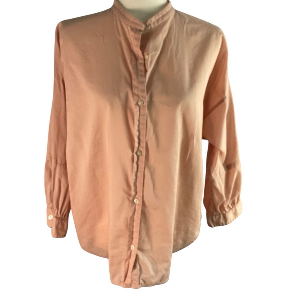 Everlane Salmon Pink Button Up Balloon Sleeve Cotton Collarless Blouse Top Sz 10